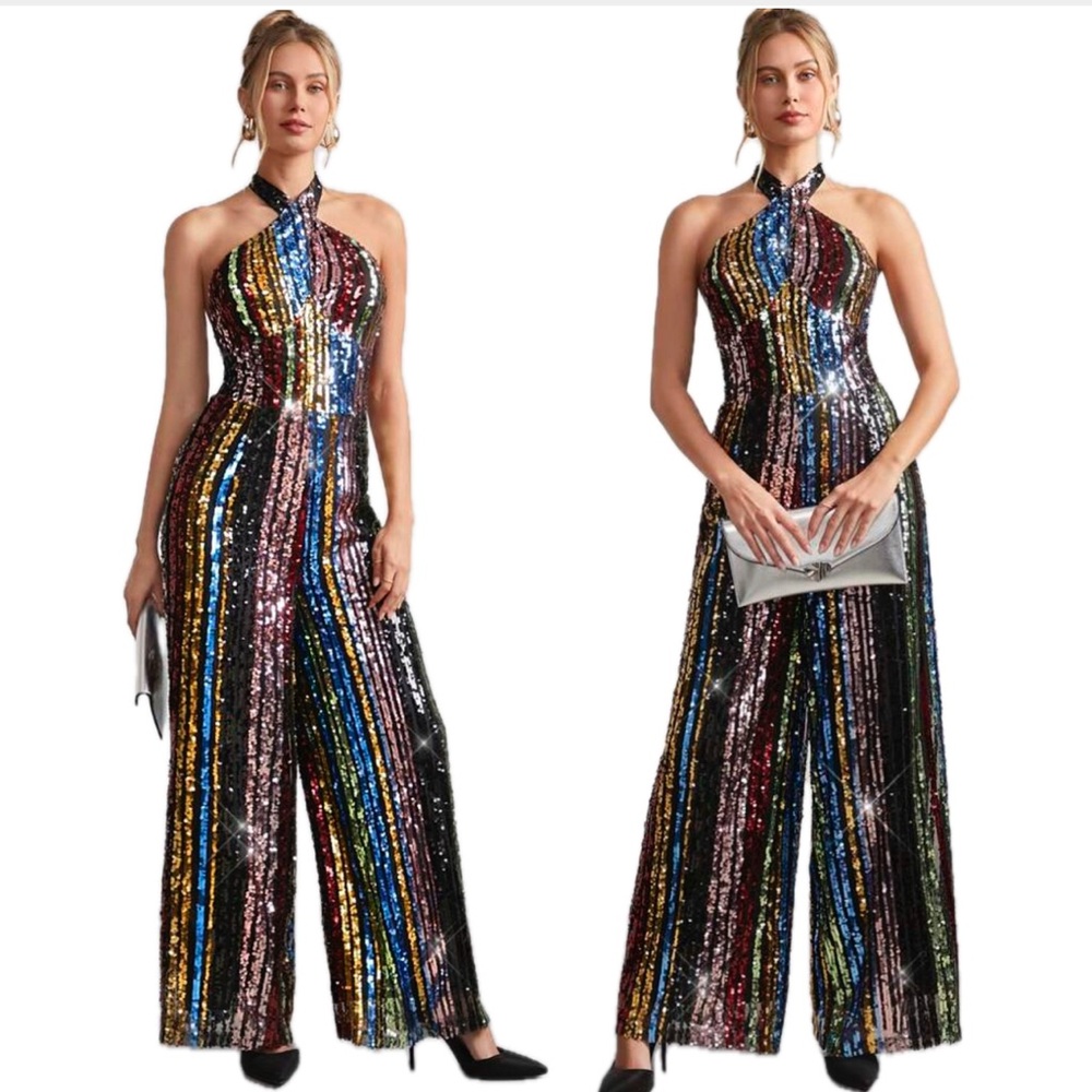 Gorgeous Multicolor Sequin Halter Jumpsuit